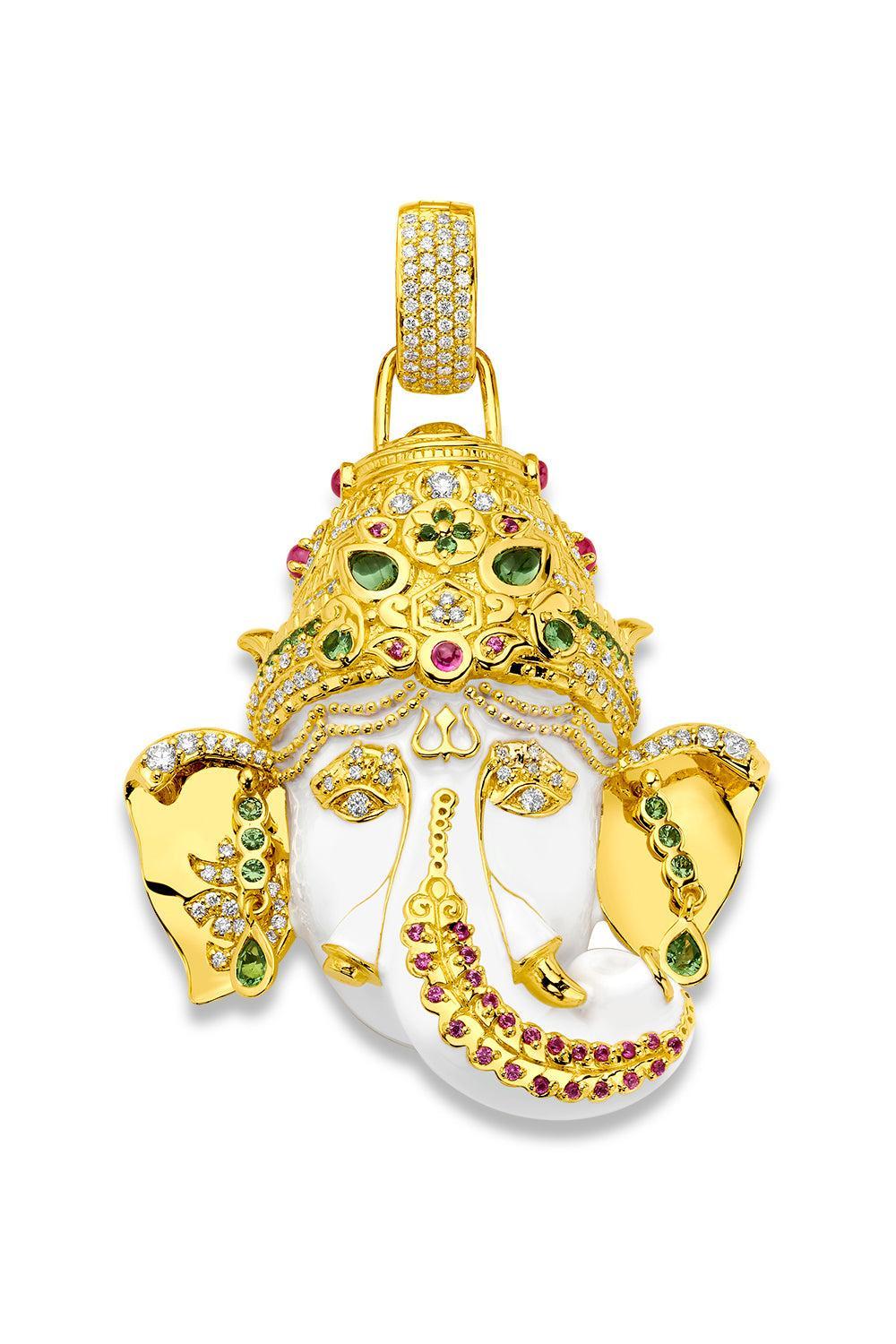 White Large Ganesha Pendant-YELLOW GOLD-JEWELRYFINE JEWELPENDANT-BUDDHA MAMA