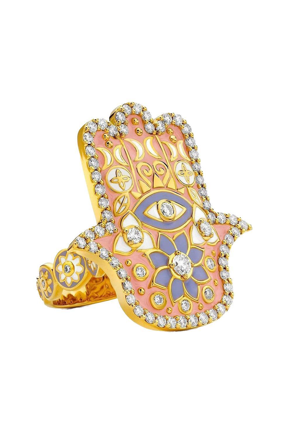 Pink Enamel Hamsa Ring-YELLOW GOLD-5.75-JEWELRYFINE JEWELRING-BUDDHA MAMA