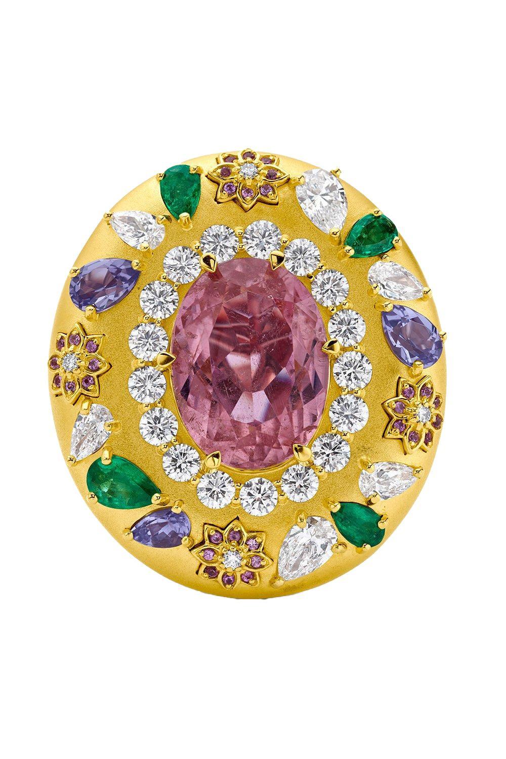 Oval Kunzite Flower Ring-YELLOW GOLD-7.5-JEWELRYFINE JEWELRING-BUDDHA MAMA