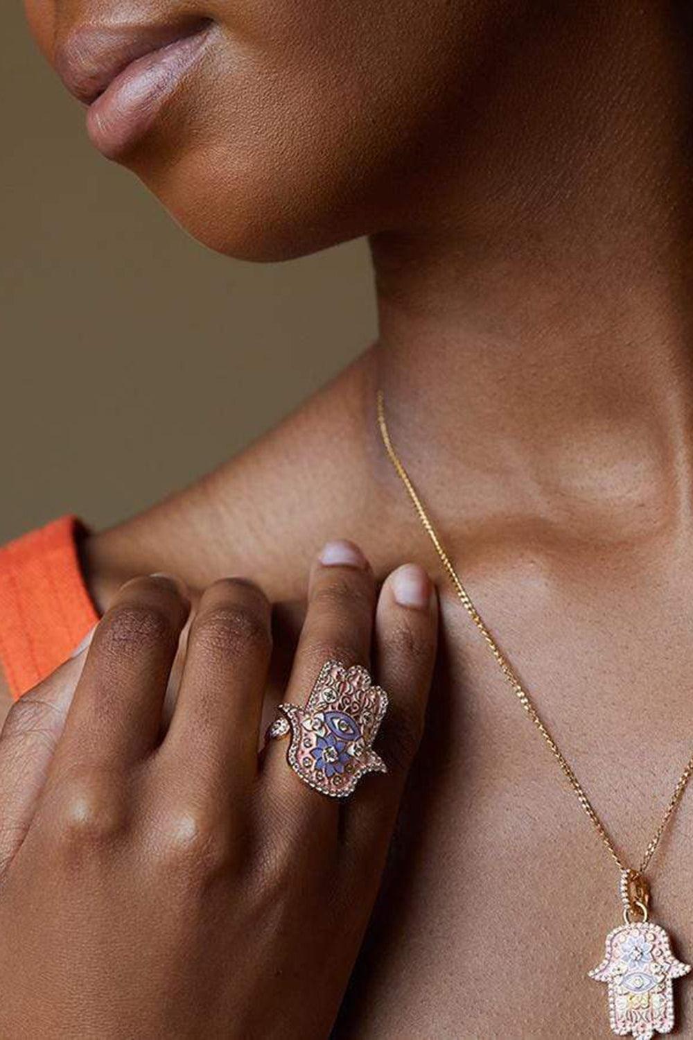 BUDDHA MAMA-Pink Enamel Hamsa Ring-