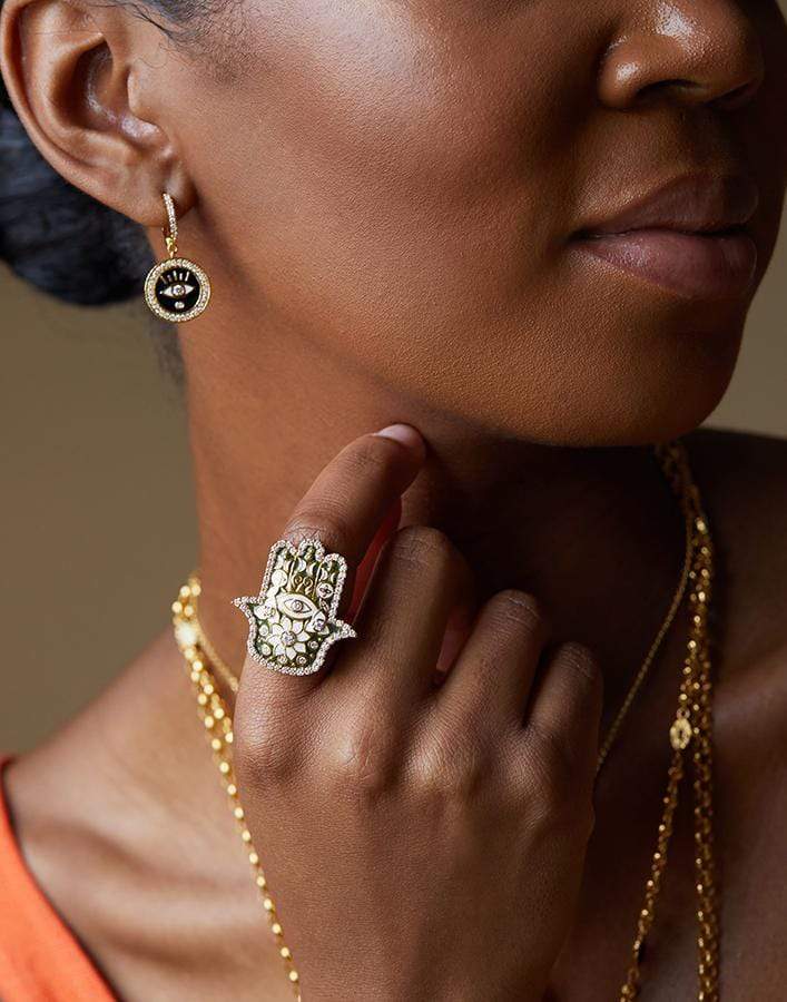 BUDDHA MAMA-Army Green Enamel Hamsa Ring-YELLOW GOLD