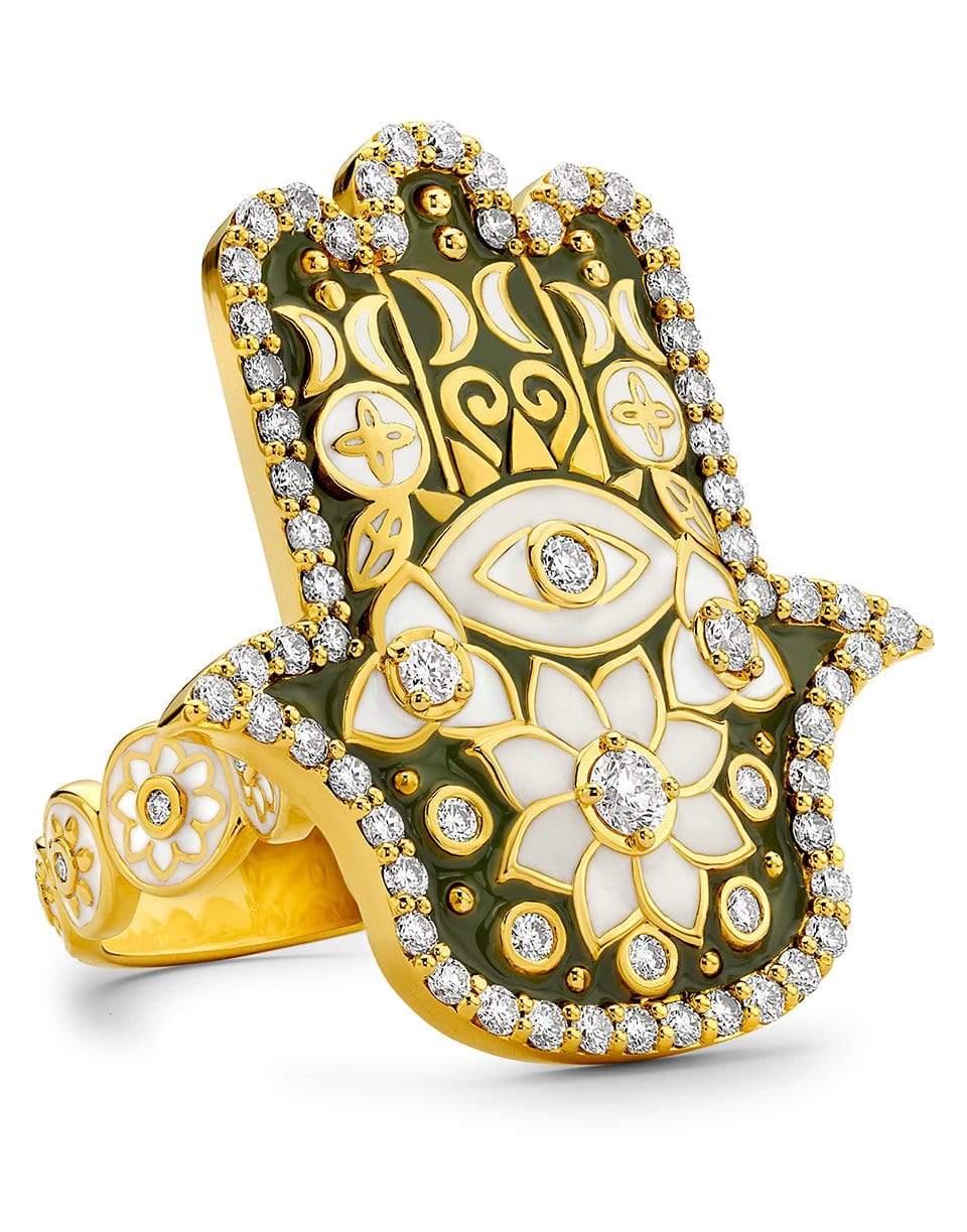 BUDDHA MAMA-Army Green Enamel Hamsa Ring-YELLOW GOLD