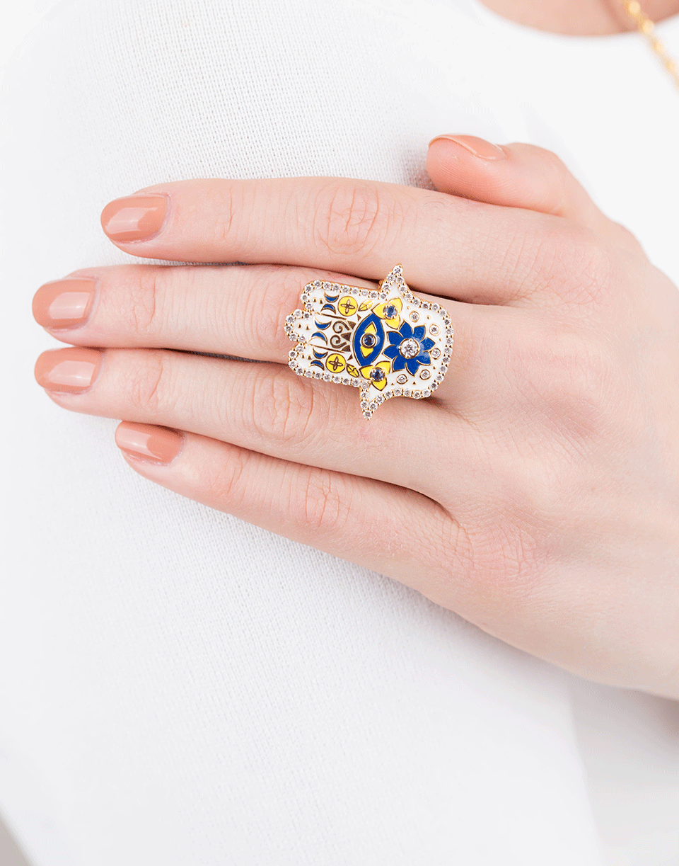 BUDDHA MAMA-White Enamel Hamsa Ring-YELLOW GOLD