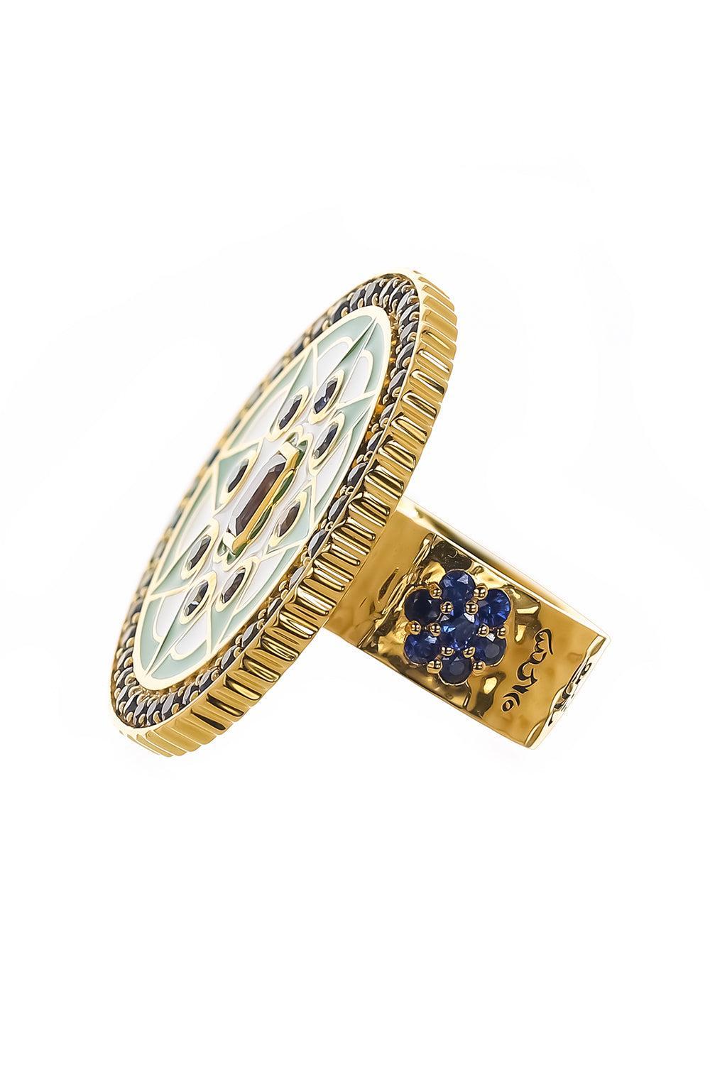 Blue Sapphire Kelly Green Mandala Coin Ring-YELLOW GOLD-7.5-JEWELRYFINE JEWELRING-BUDDHA MAMA