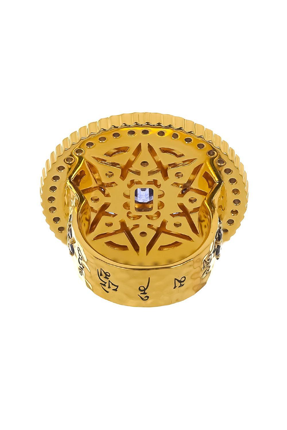 Blue Sapphire Kelly Green Mandala Coin Ring-YELLOW GOLD-7.5-JEWELRYFINE JEWELRING-BUDDHA MAMA