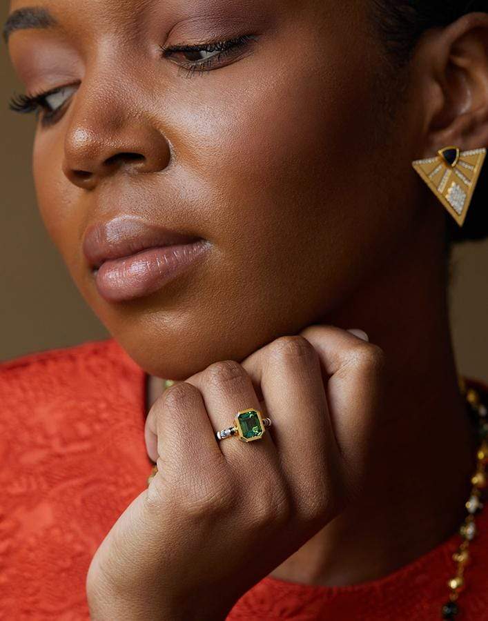 BUDDHA MAMA-Green Tourmaline and Enamel Ring-YELLOW GOLD