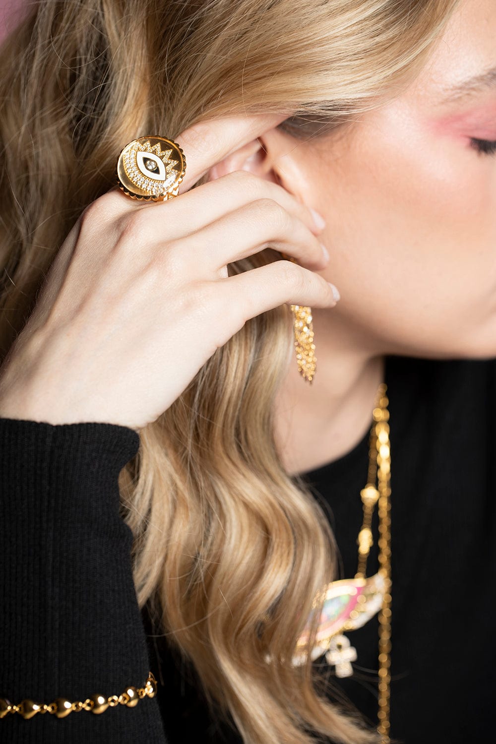 BUDDHA MAMA-Scalloped Evil Eye Ring-YELLOW GOLD