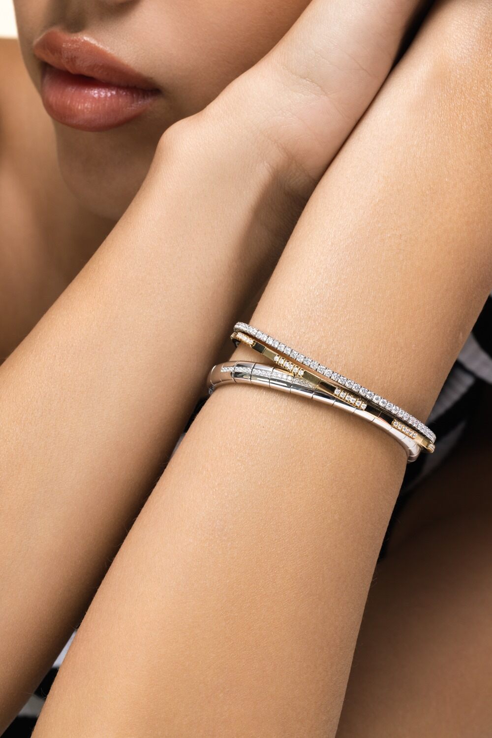 Diamond Two Alternating Extensible Stretch Bracelet-YELLOW GOLD-JEWELRYFINE JEWELBRACELET O-ROBERTO DEMEGLIO