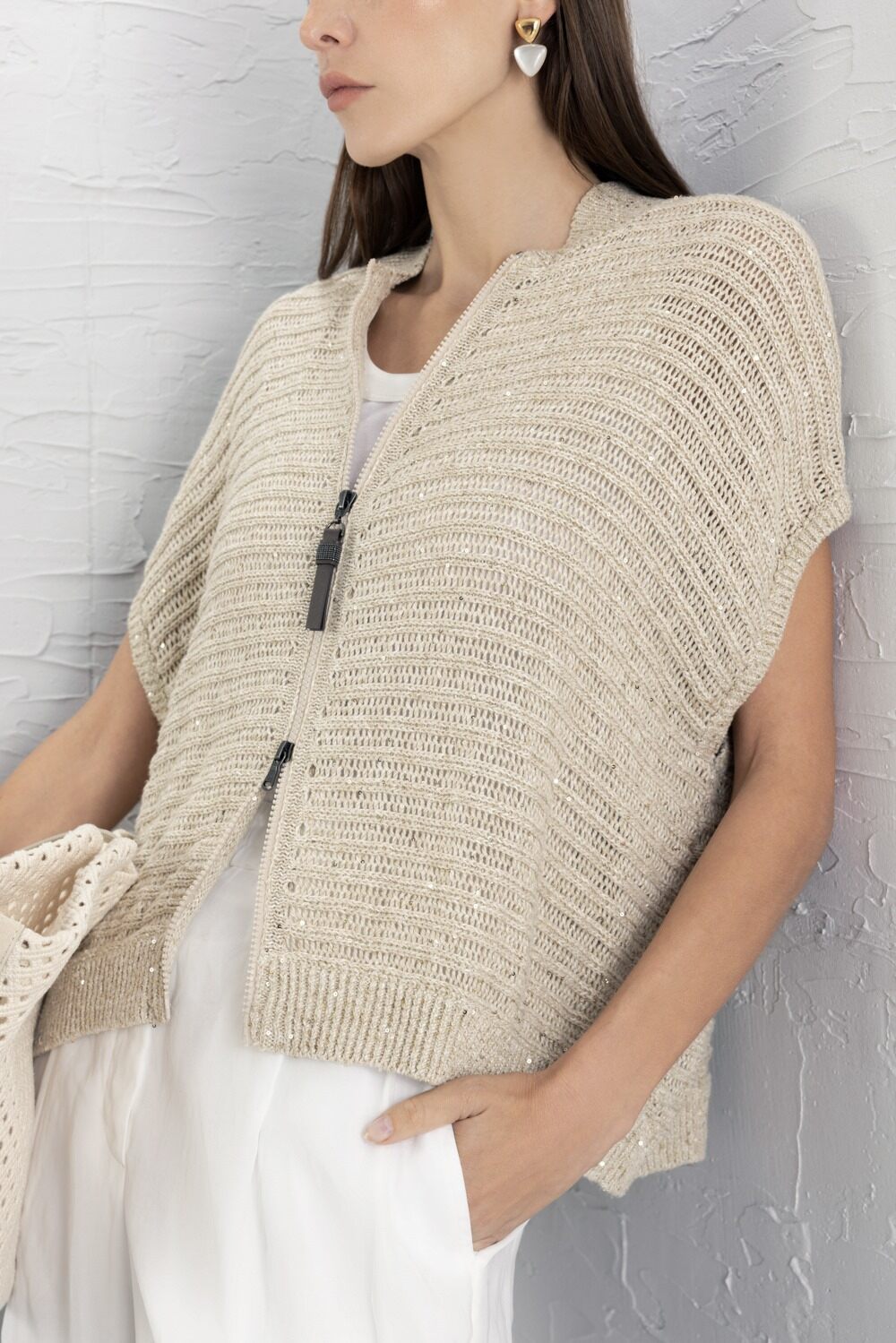 Bronze Zip Front Cardigan-CREAM-XS-CLOTHINGTOPCARDIGAN-BRUNELLO CUCINELLI
