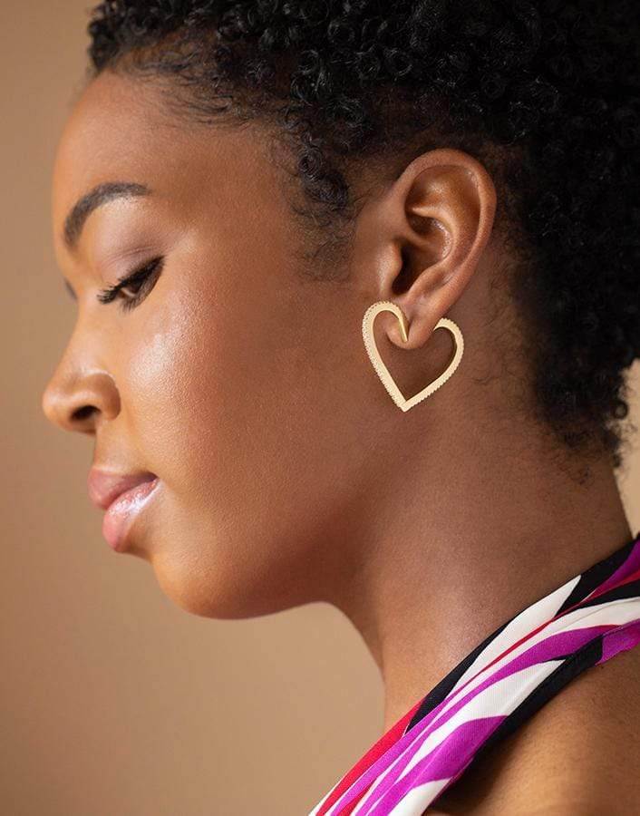 CADAR-Large Black and White Diamond Heart Hoops-YELLOW GOLD