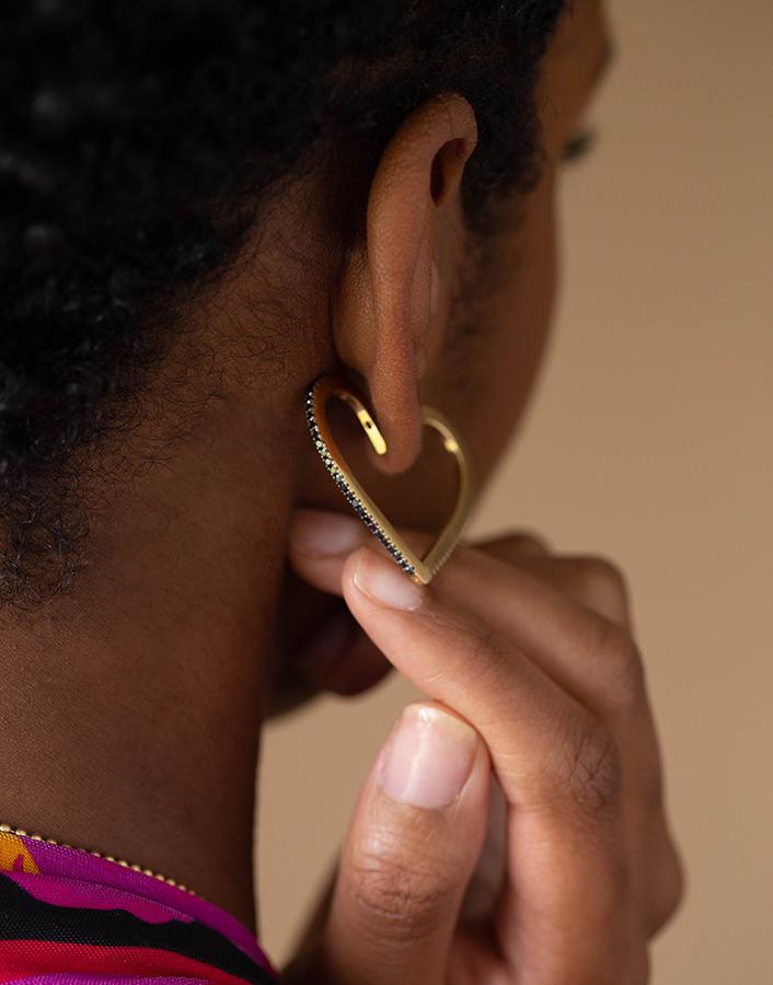 CADAR-Large Black and White Diamond Heart Hoops-YELLOW GOLD