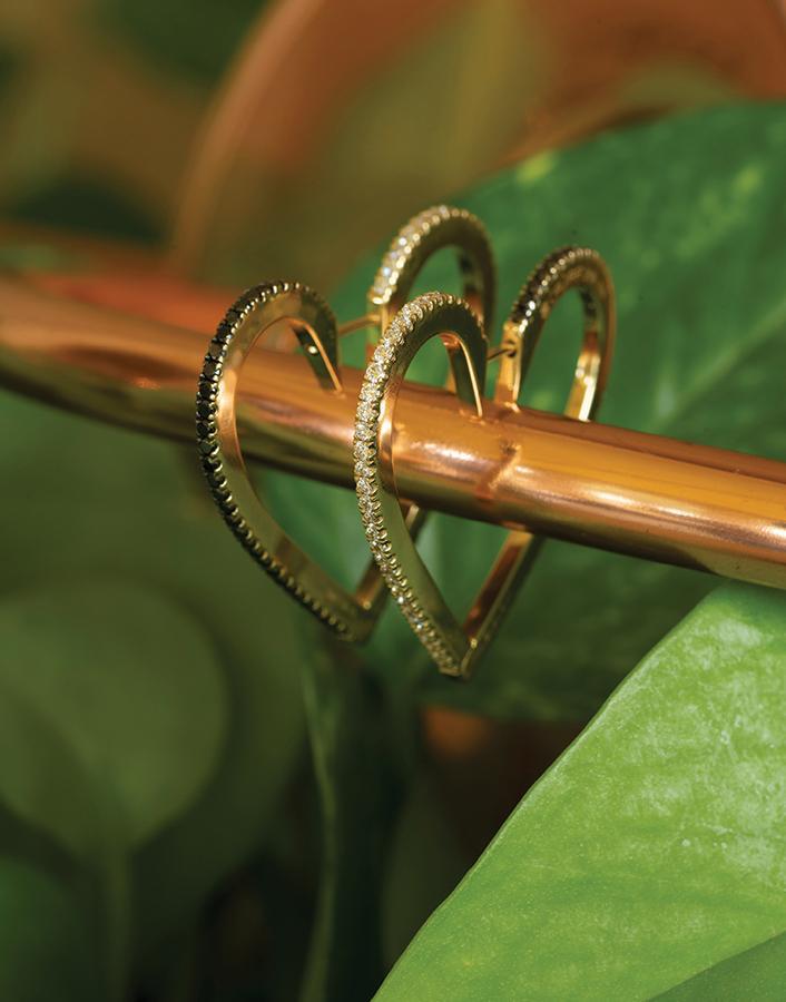 CADAR-Large Black and White Diamond Heart Hoops-YELLOW GOLD