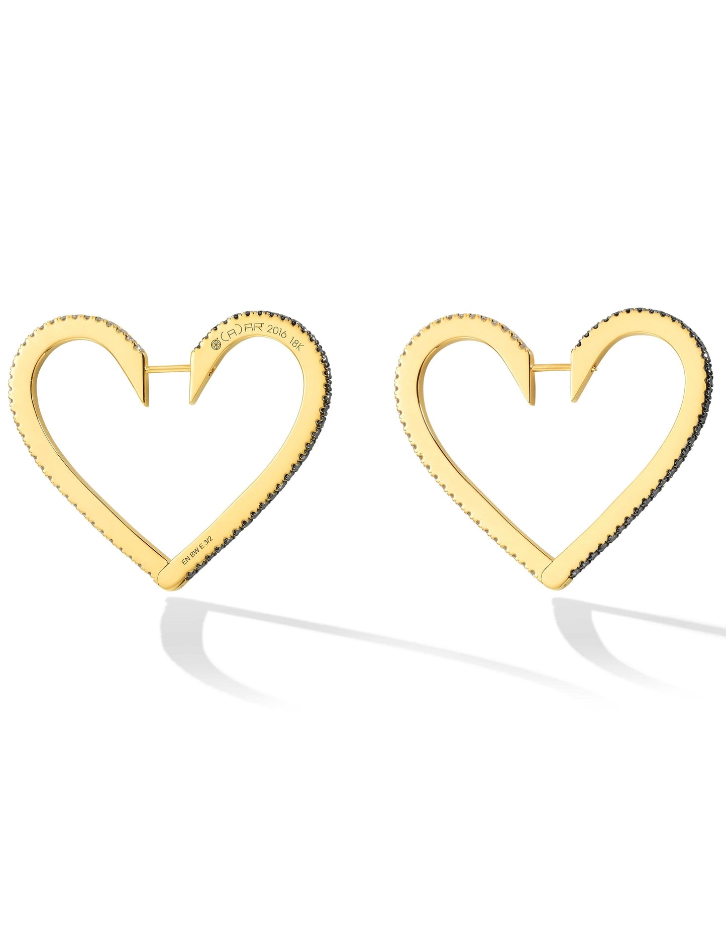 CADAR-Large Black and White Diamond Heart Hoops-YELLOW GOLD