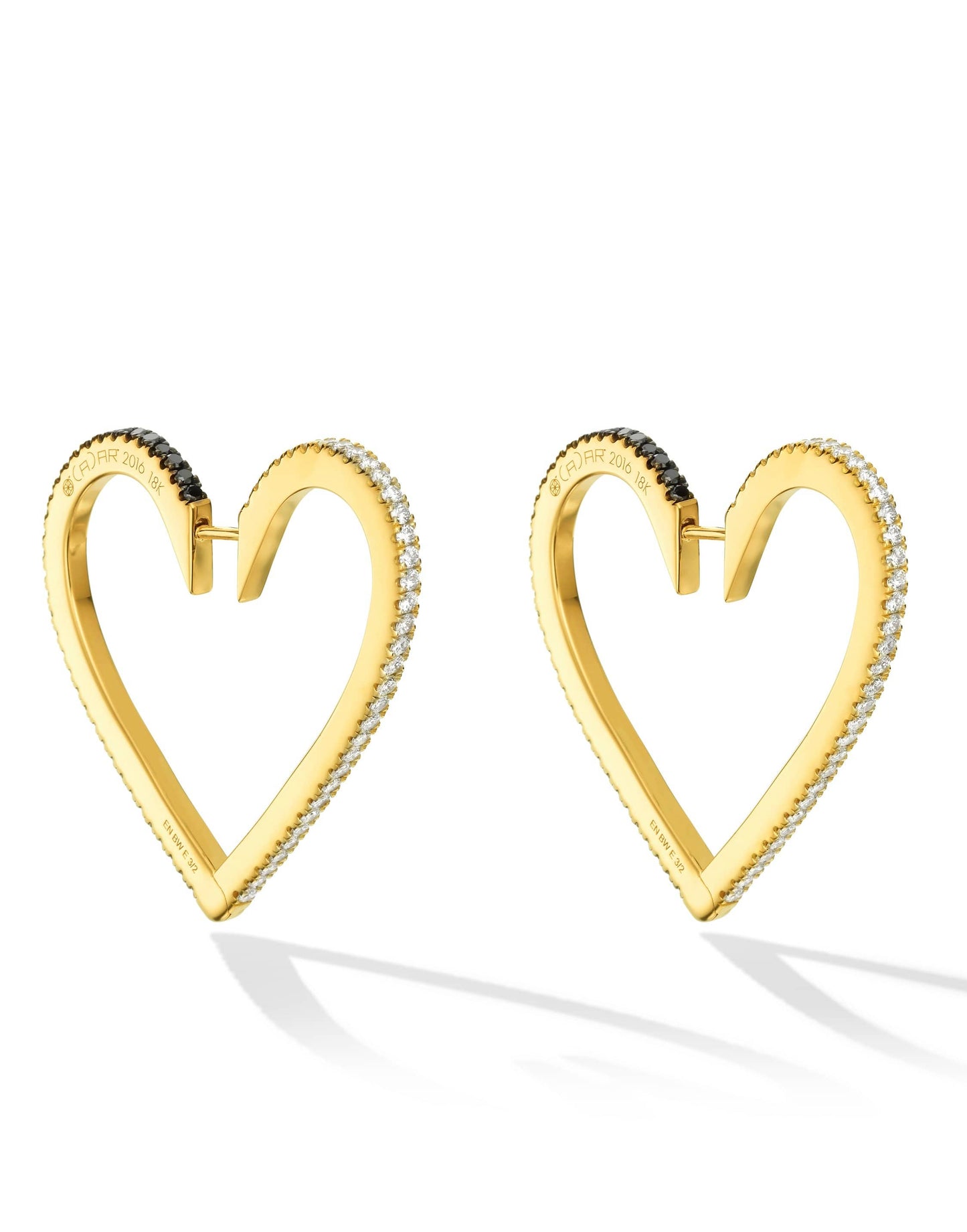 CADAR-Large Black and White Diamond Heart Hoops-YELLOW GOLD