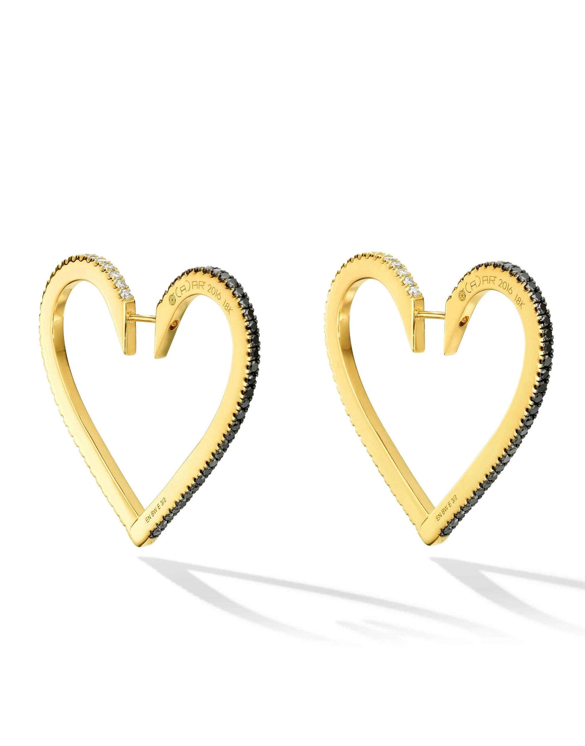 CADAR-Large Black and White Diamond Heart Hoops-YELLOW GOLD