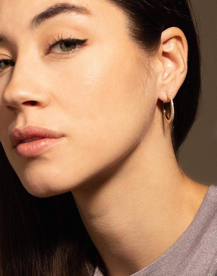 CADAR-Medium Black and White Diamond Solo Hoops-YELLOW GOLD