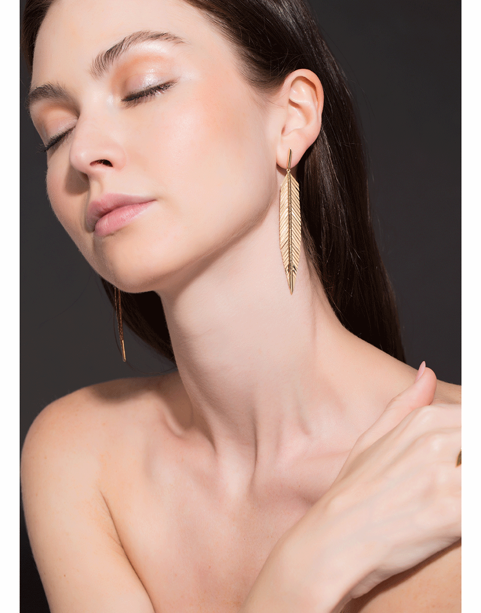 CADAR-Yellow Gold Medium Feather Drop Earrings-YELLOW GOLD
