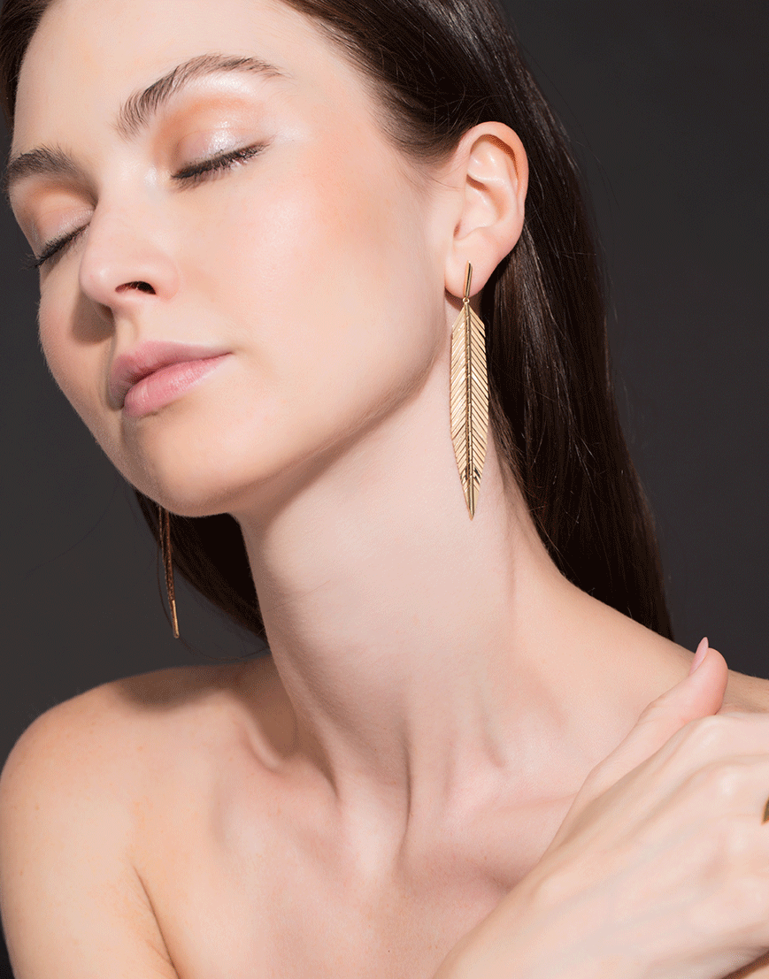 CADAR-Yellow Gold Medium Feather Earrings-YELLOW GOLD