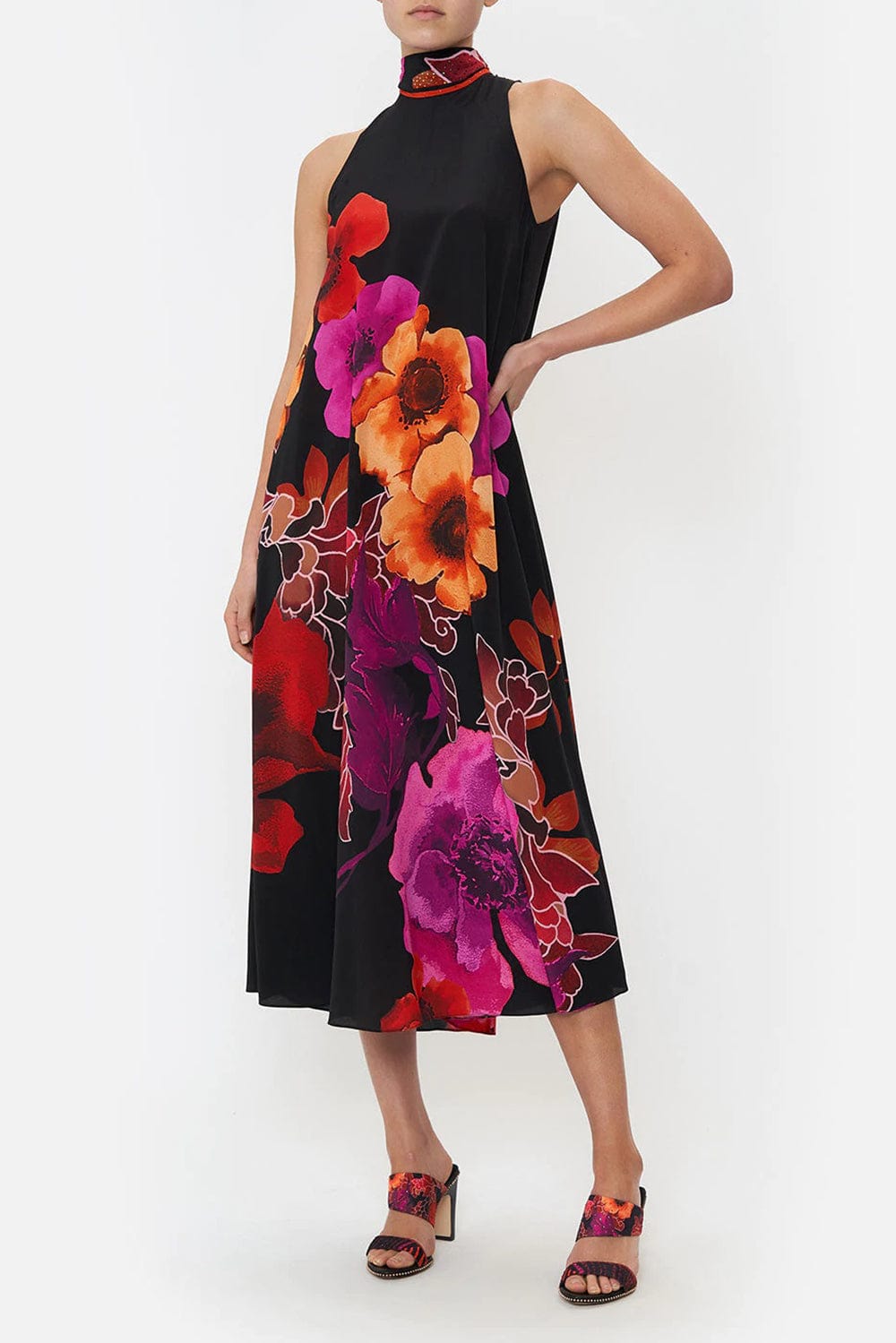 CAMILLA-High Neck Dress With Necktie-