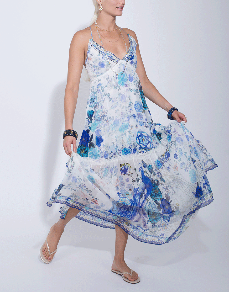CAMILLA-White Side of The Moon Shoestring Strap Gathered Dress-