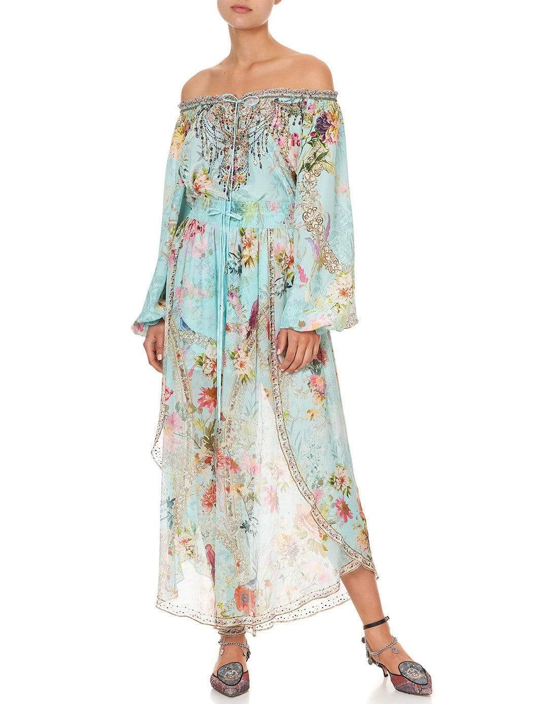 CAMILLA-A Royal Stitch Up Neck Tie Gathered Blouse-ROYAL