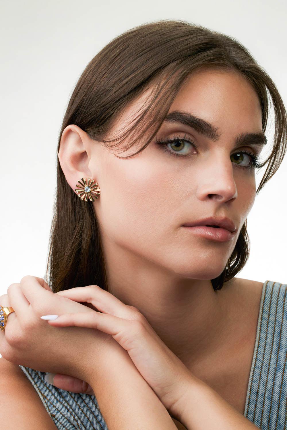 Blue Topaz Mini Sunshine Earrings-YELLOW GOLD-JEWELRYFINE JEWELEARRING-CAROL KAUFFMANN