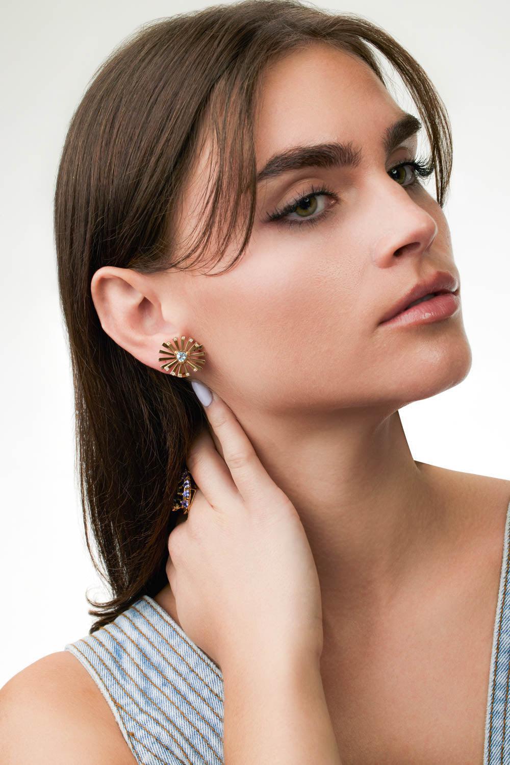 Blue Topaz Mini Sunshine Earrings-YELLOW GOLD-JEWELRYFINE JEWELEARRING-CAROL KAUFFMANN