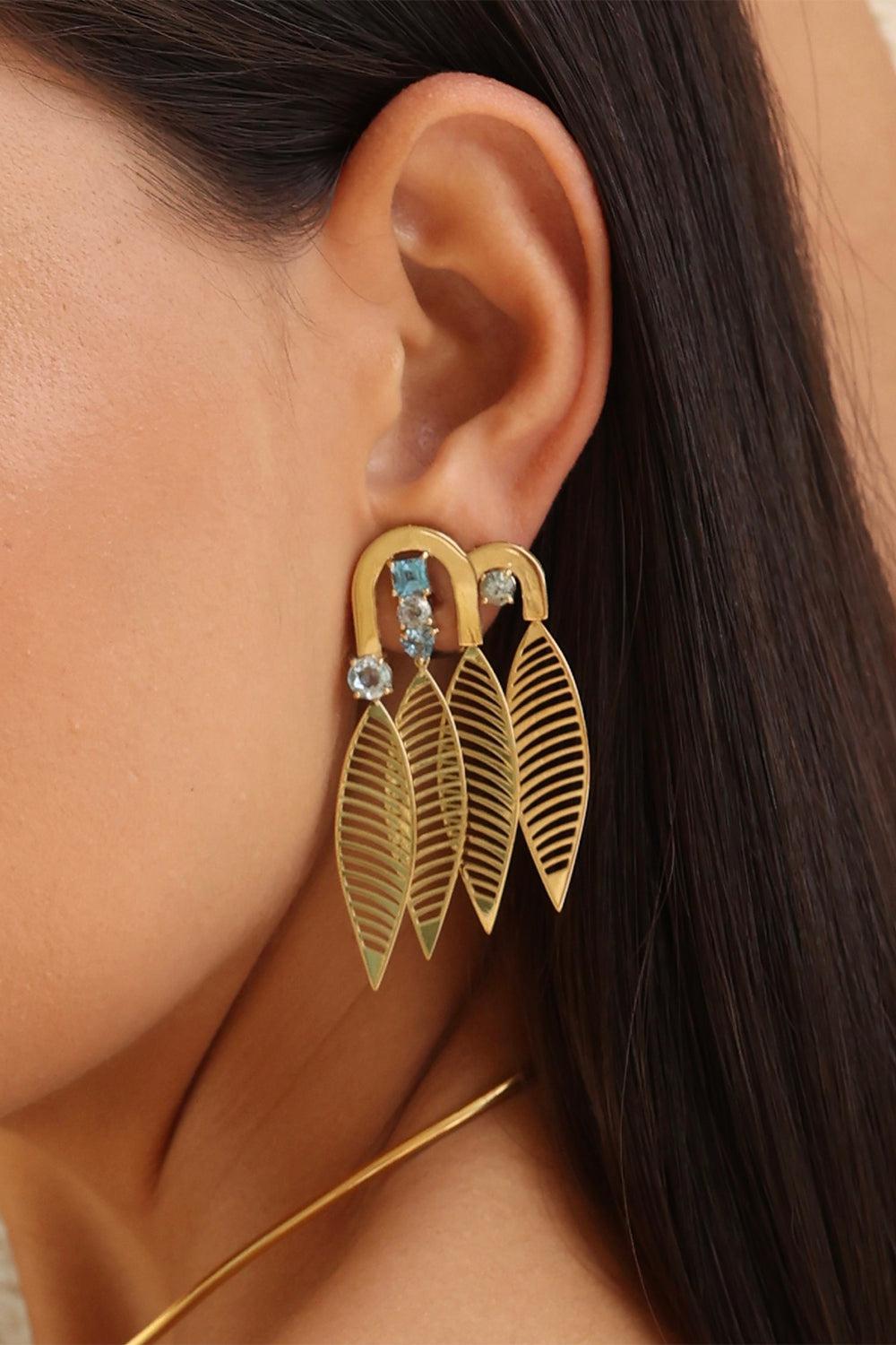 Blue Topaz Plume Earrings-YELLOW GOLD-JEWELRYFINE JEWELEARRING-CAROL KAUFFMANN