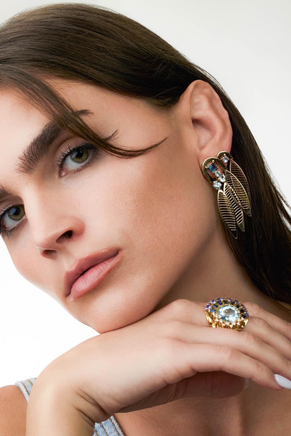 Blue Topaz Plume Earrings-YELLOW GOLD-JEWELRYFINE JEWELEARRING-CAROL KAUFFMANN