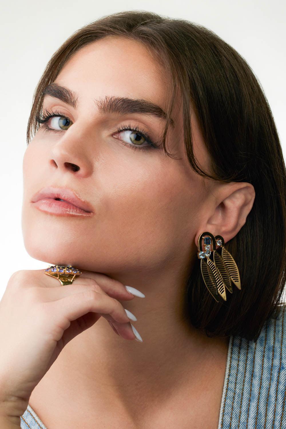 Blue Topaz Plume Earrings-YELLOW GOLD-JEWELRYFINE JEWELEARRING-CAROL KAUFFMANN