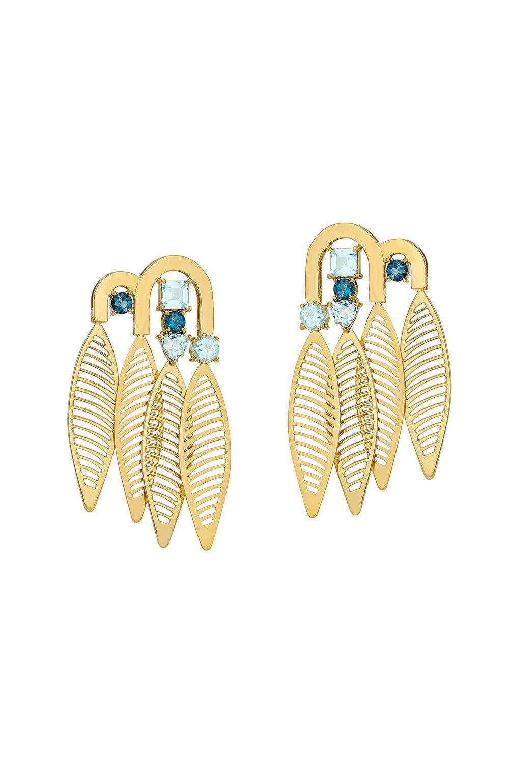 Blue Topaz Plume Earrings-YELLOW GOLD-JEWELRYFINE JEWELEARRING-CAROL KAUFFMANN