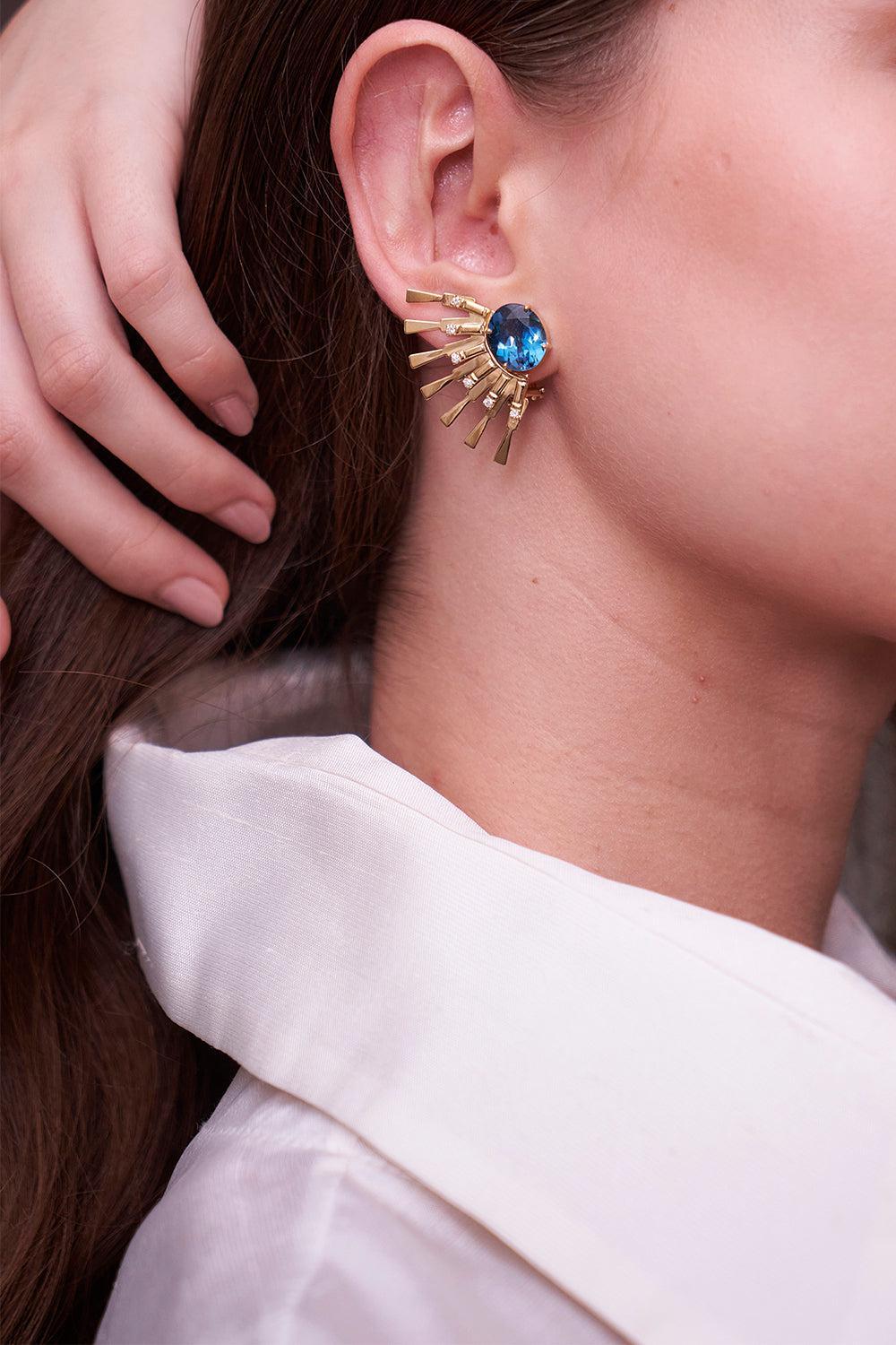 Blue Topaz Valentim Sun Ray Earrings-YELLOW GOLD-JEWELRYFINE JEWELEARRING-CAROL KAUFFMANN