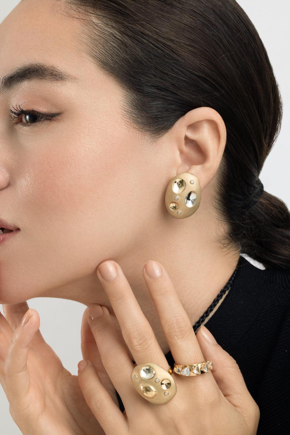 Diamond Rocks Flinstones Monochromatic Earrings-YELLOW GOLD-JEWELRYFINE JEWELEARRING-CAROL KAUFFMANN
