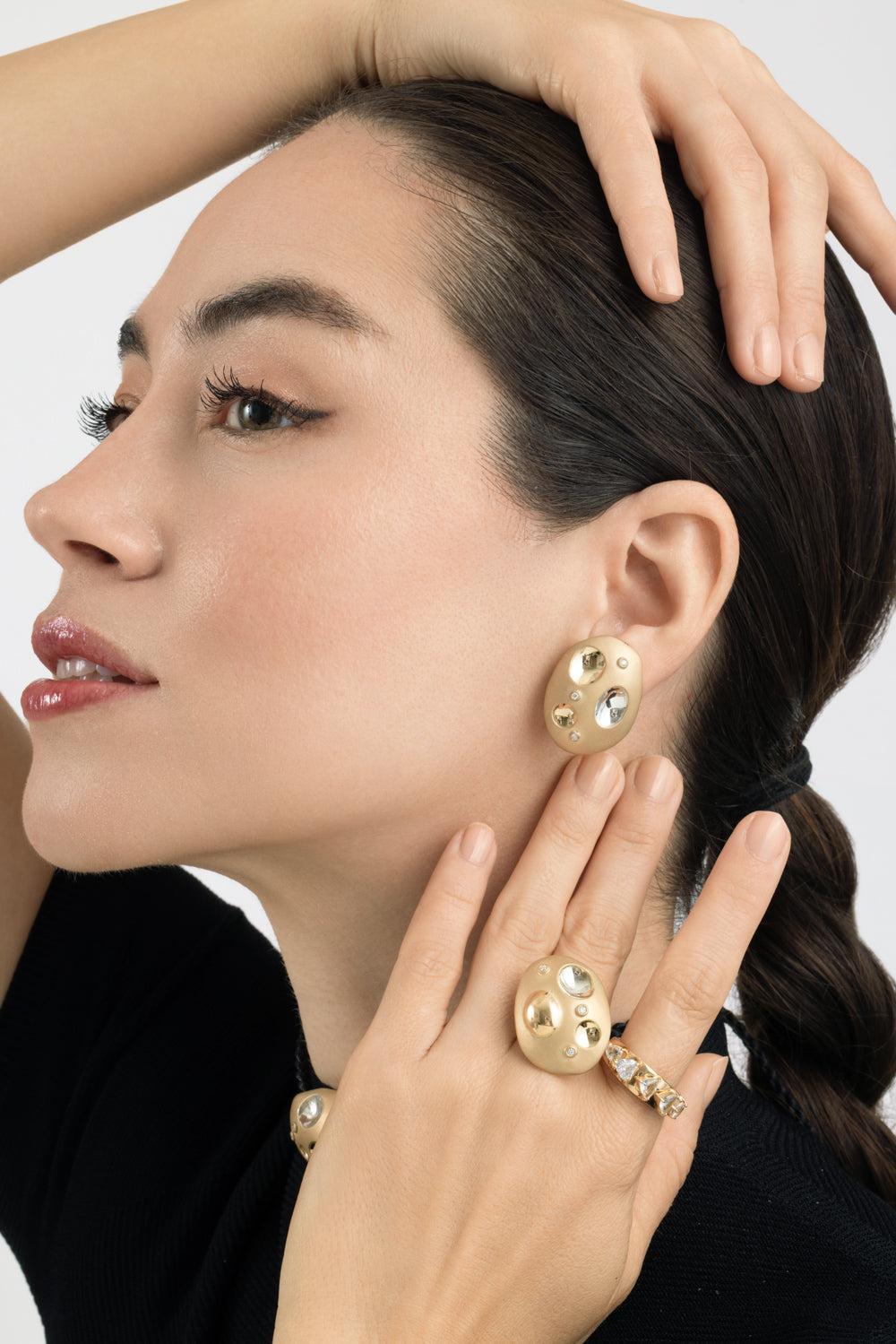 Diamond Rocks Flinstones Monochromatic Earrings-YELLOW GOLD-JEWELRYFINE JEWELEARRING-CAROL KAUFFMANN
