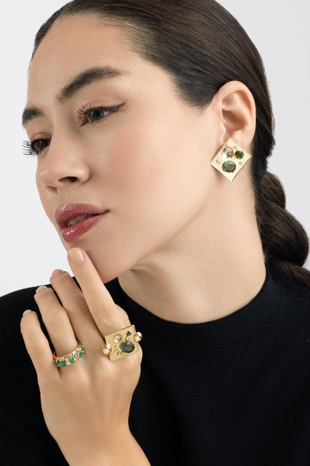 Green Tourmaline Rocks Pedrita Earrings-YELLOW GOLD-JEWELRYFINE JEWELEARRING-CAROL KAUFFMANN