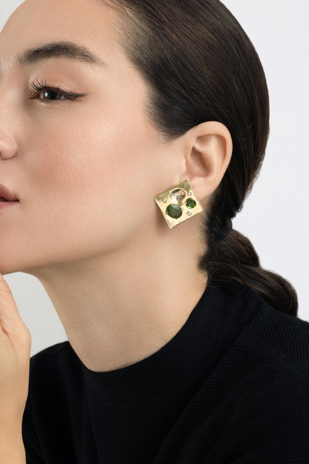 Green Tourmaline Rocks Pedrita Earrings-YELLOW GOLD-JEWELRYFINE JEWELEARRING-CAROL KAUFFMANN