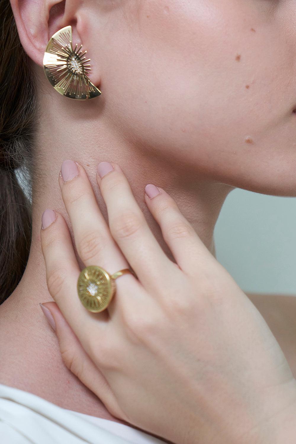 Half Moon Explosion Diamond Earrings-YELLOW GOLD-JEWELRYFINE JEWELEARRING-CAROL KAUFFMANN