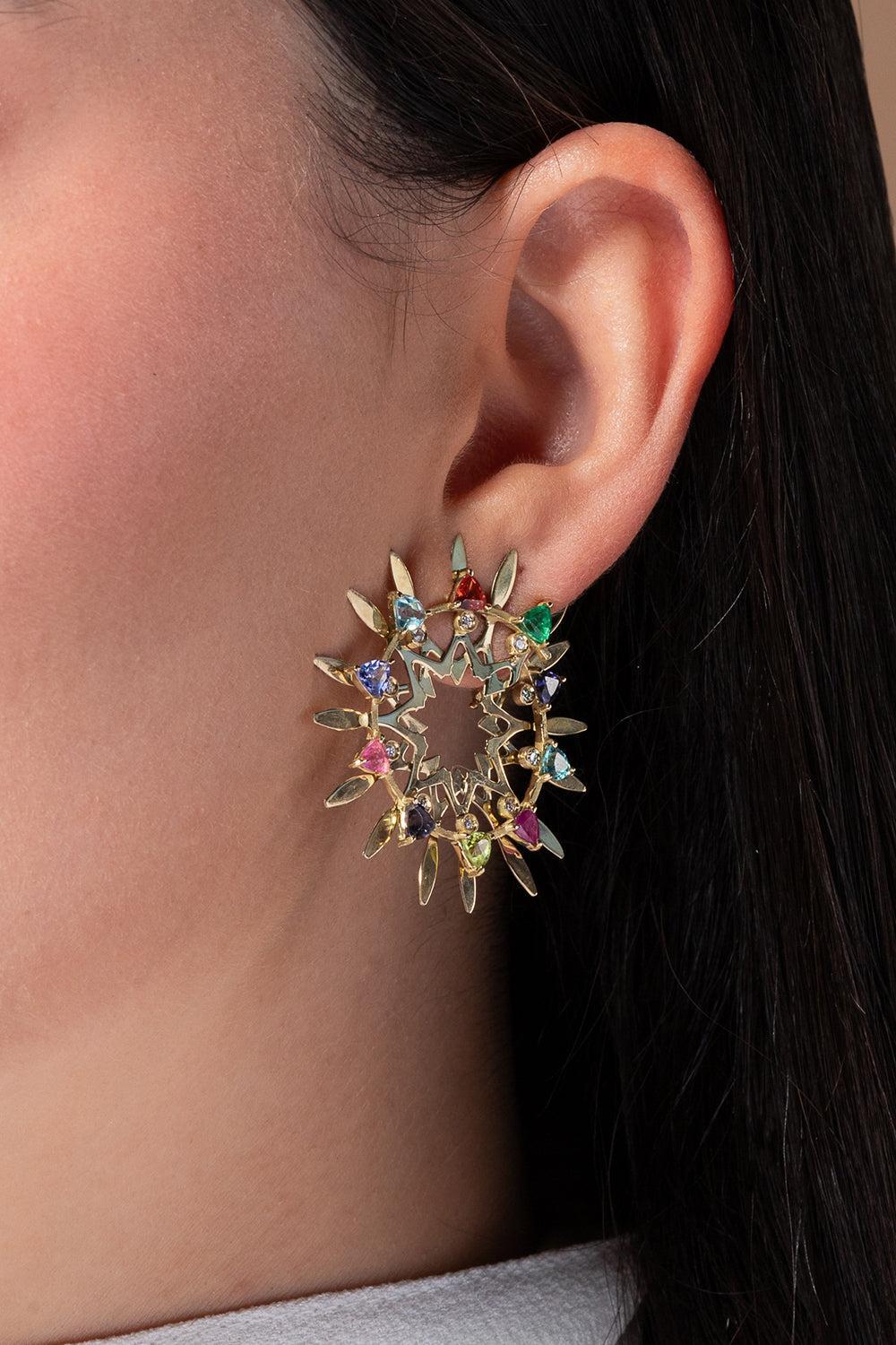 Multi Stone Large Mandala Hoop Earrings-YELLOW GOLD-JEWELRYFINE JEWELEARRING-CAROL KAUFFMANN