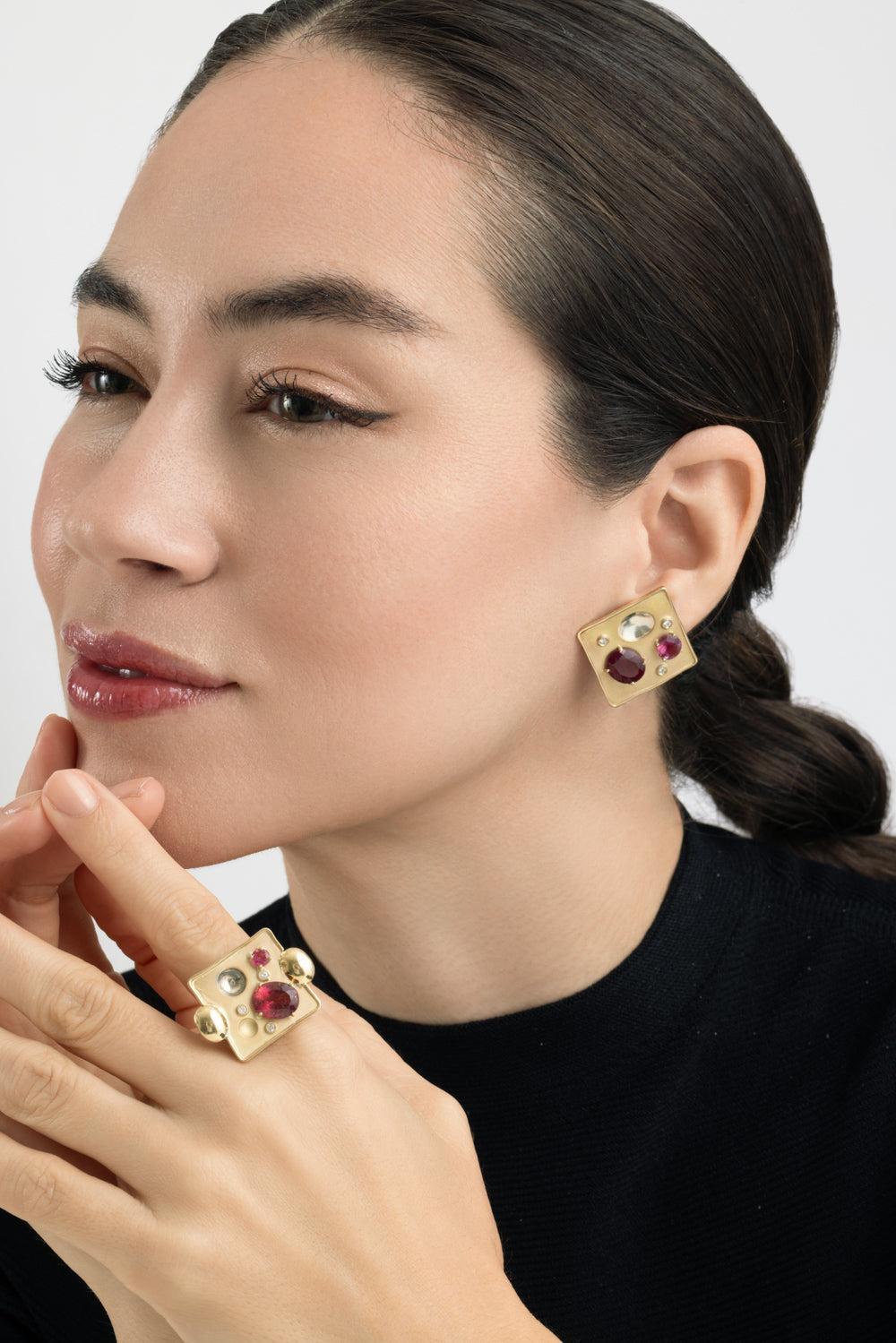 Pink Tourmaline Diamond Rocks Earrings-YELLOW GOLD-JEWELRYFINE JEWELEARRING-CAROL KAUFFMANN