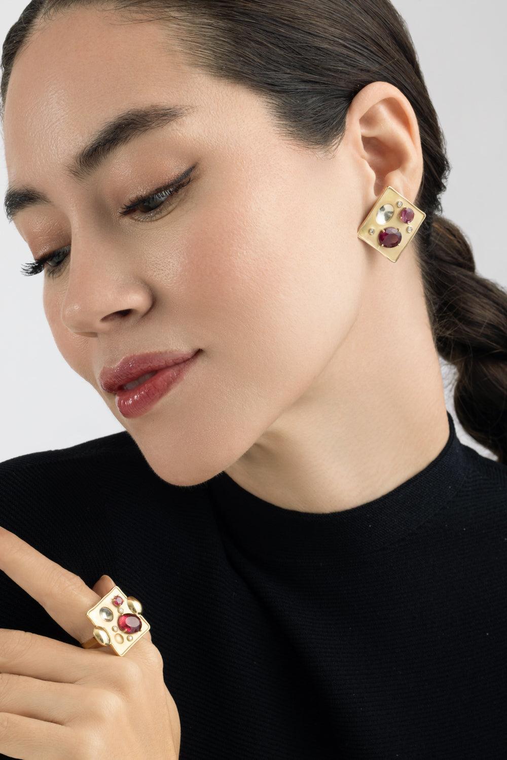 Pink Tourmaline Diamond Rocks Earrings-YELLOW GOLD-JEWELRYFINE JEWELEARRING-CAROL KAUFFMANN