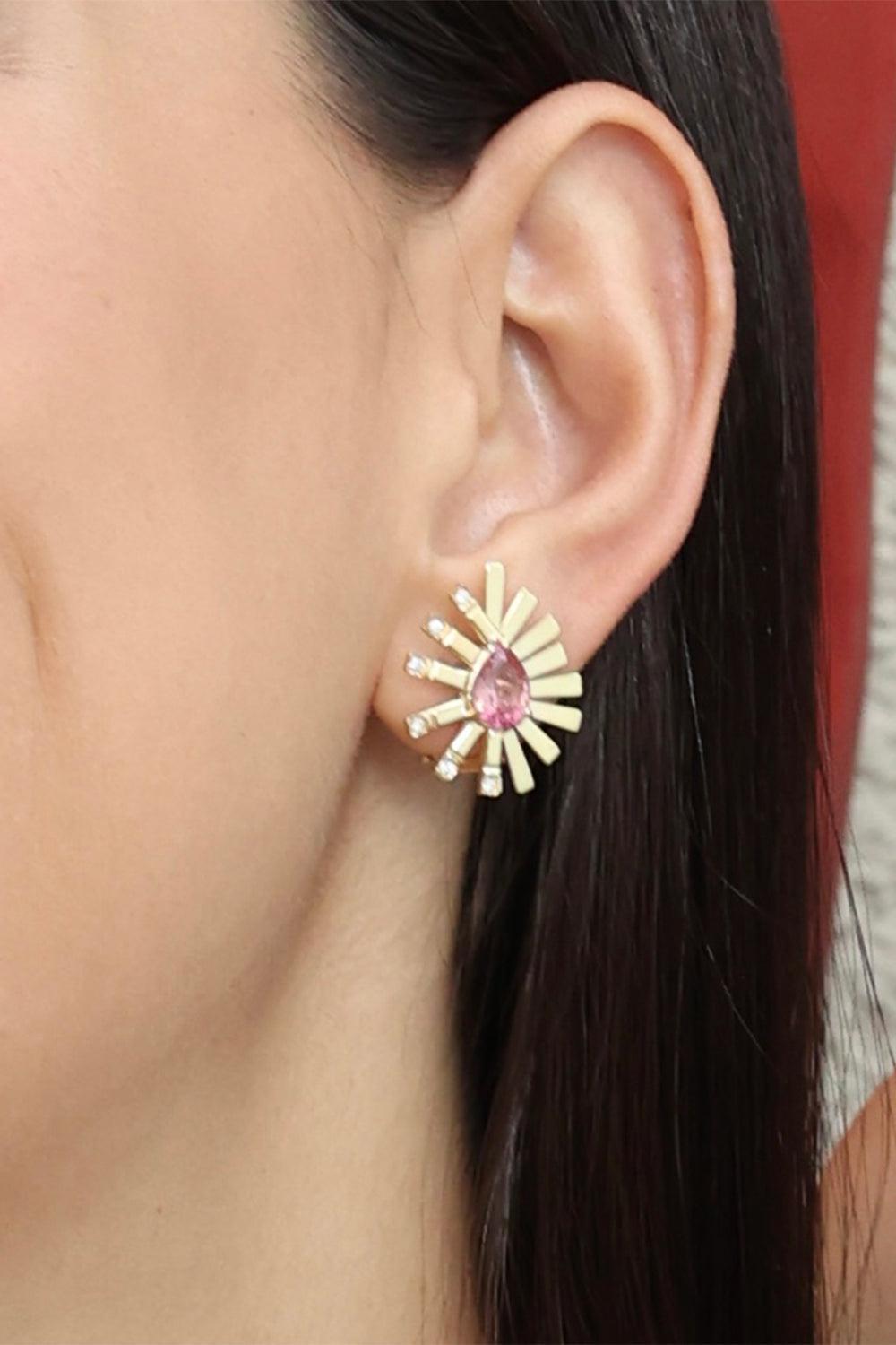Pink Tourmaline Mini La Belle Duo Earrings-YELLOW GOLD-JEWELRYFINE JEWELEARRING-CAROL KAUFFMANN