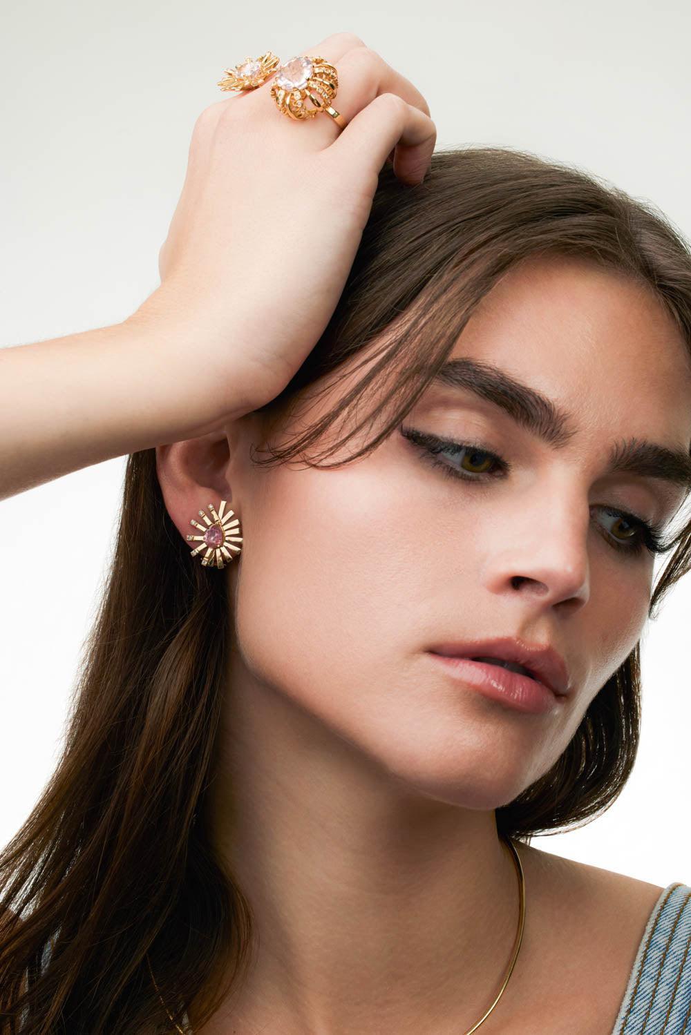 Pink Tourmaline Mini La Belle Duo Earrings-YELLOW GOLD-JEWELRYFINE JEWELEARRING-CAROL KAUFFMANN