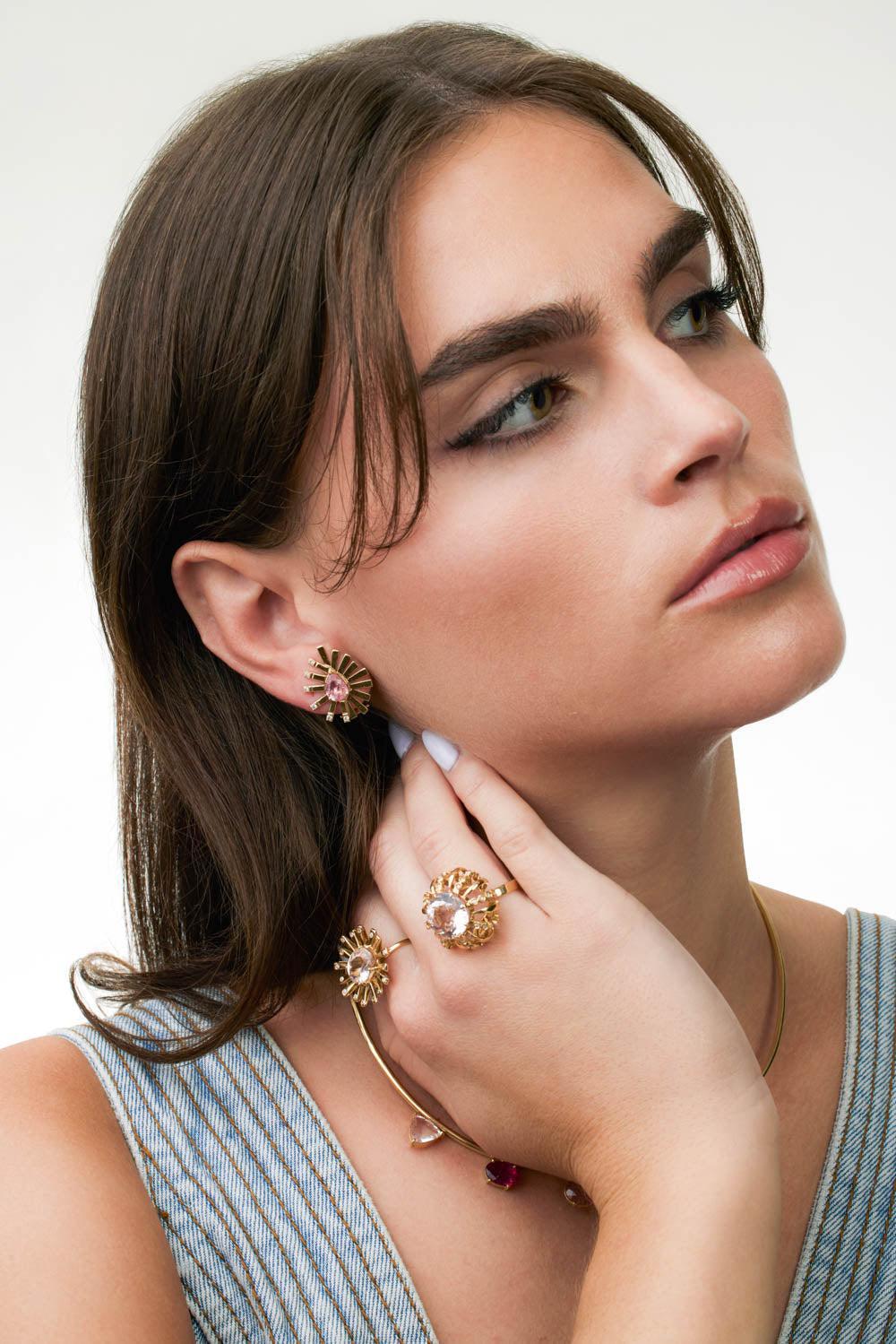 Pink Tourmaline Mini La Belle Duo Earrings-YELLOW GOLD-JEWELRYFINE JEWELEARRING-CAROL KAUFFMANN