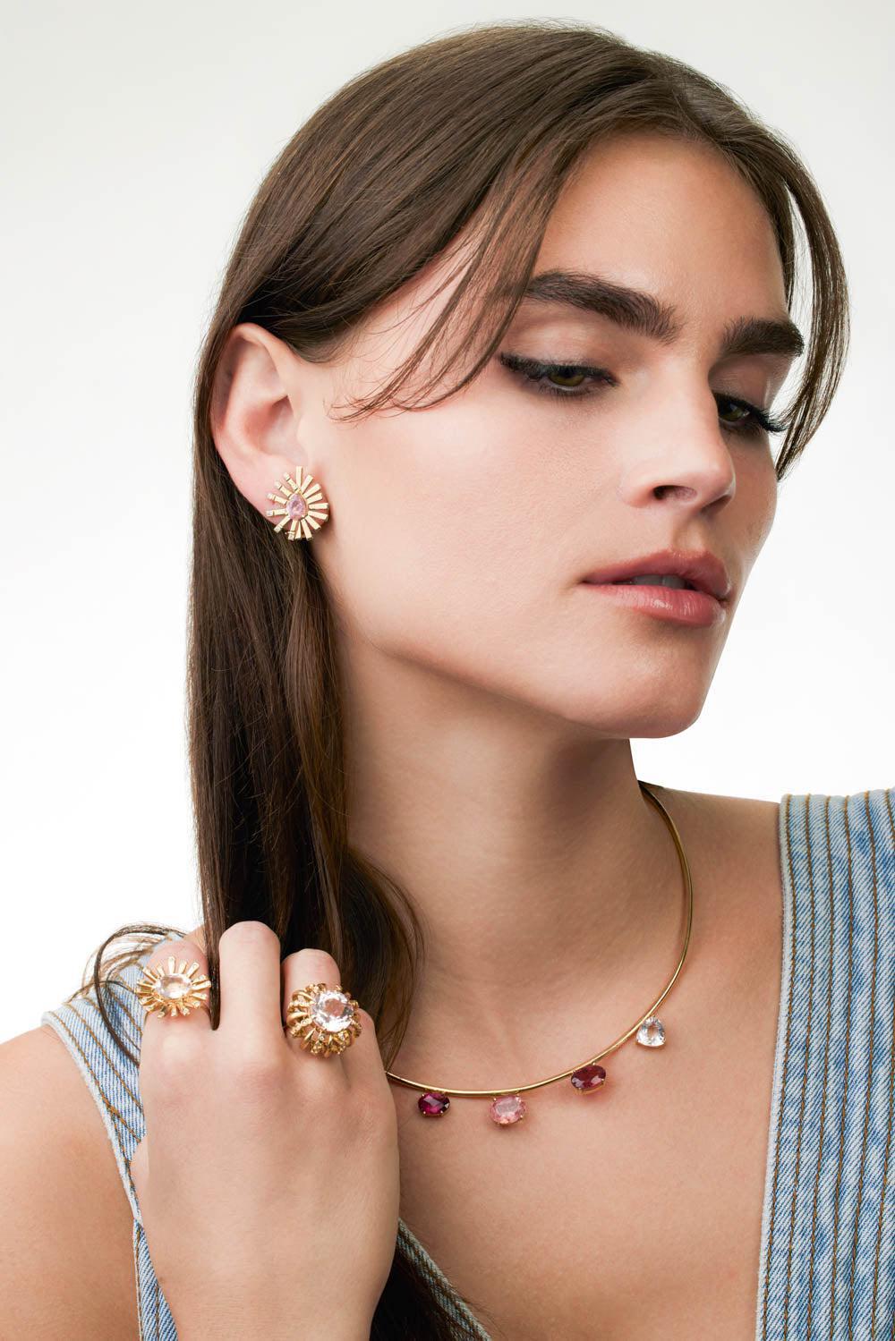 Pink Tourmaline Mini La Belle Duo Earrings-YELLOW GOLD-JEWELRYFINE JEWELEARRING-CAROL KAUFFMANN