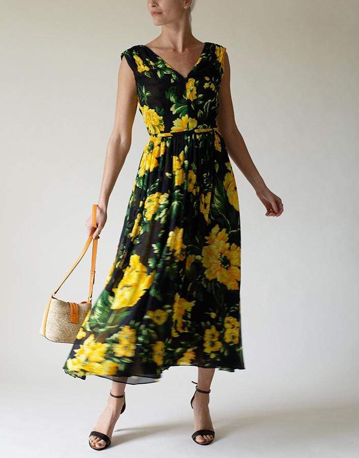 CAROLINA HERRERA-V-Neck Floral Print A-Line Dress-