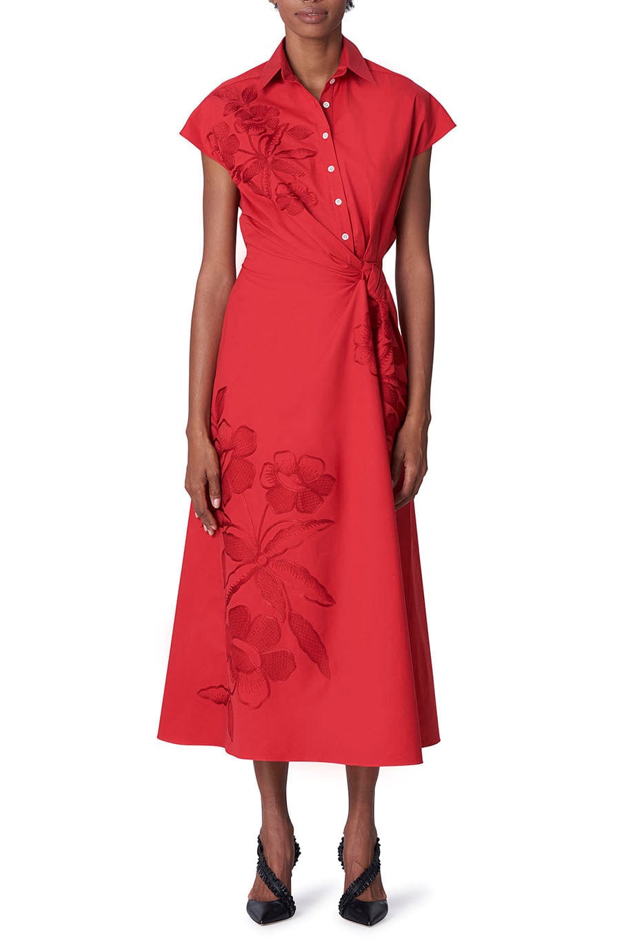 CAROLINA HERRERA-Embroidered Cap Sleeve Side Knot Dress-