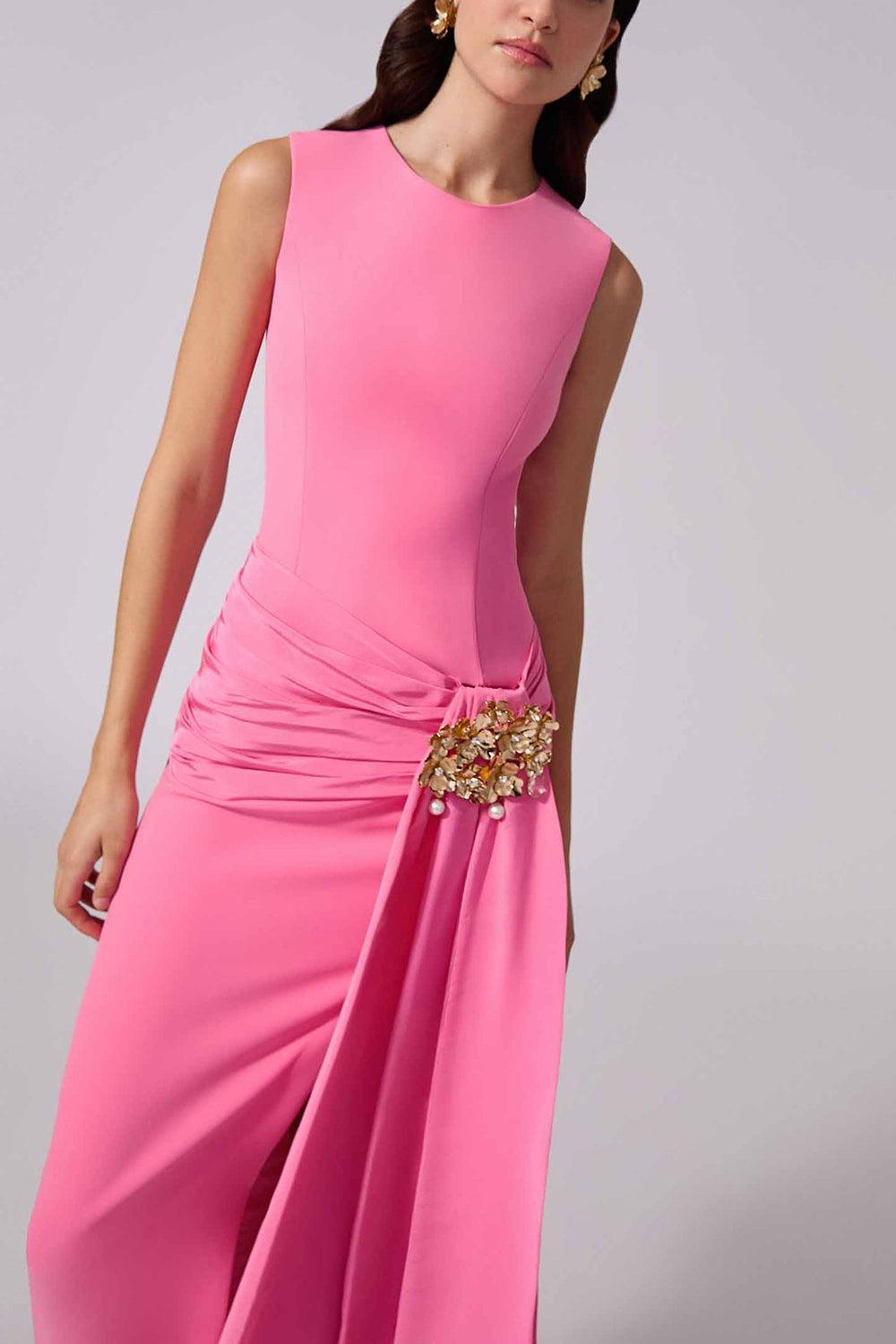 Carolina Herrera Sleeveless Hip-Sash Column Dress Happy Pink