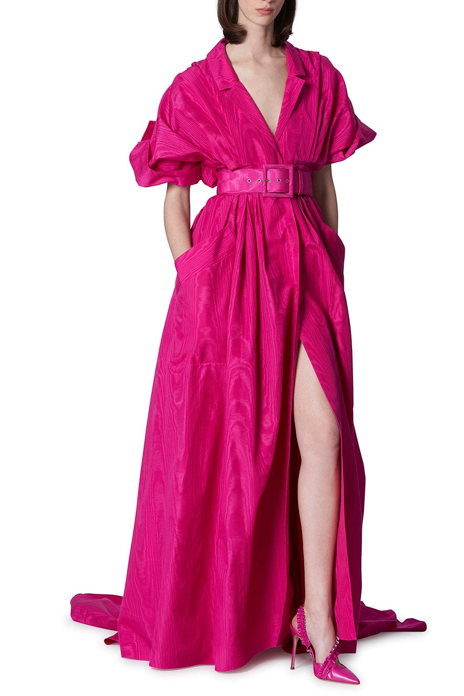 CAROLINA HERRERA-Short Sleeve Collared Trench Gown-BERRY