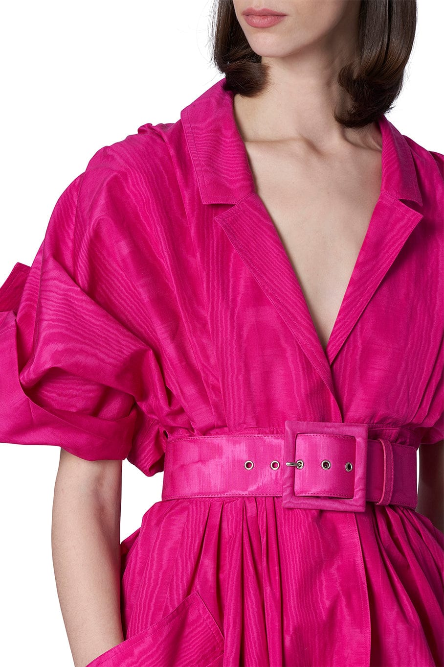 CAROLINA HERRERA-Short Sleeve Collared Trench Gown-BERRY