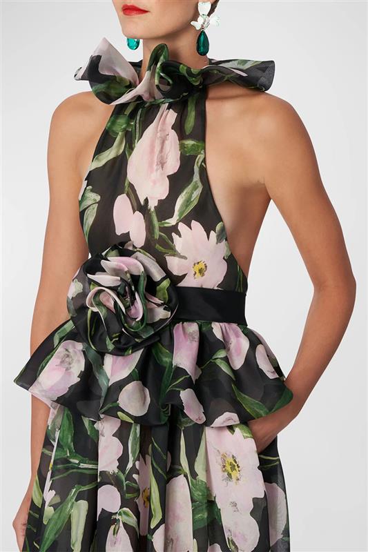 CAROLINA HERRERA-High Neck Ruffled Halter Gown-BLKMULTI